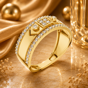 Luxury Yellow Gold Finish Geometric Diamond <b>Ring</b> <b>for</b> <b>Men</b> & Women | Premium Sparkling Stone Statement Band Jewelry - Product Image 1