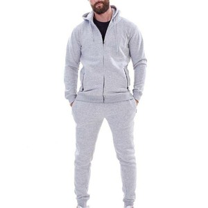 Men's Gray Hooded Zipper Tracksuit 100% Cotton Full Sleeve Solid Color Casual Sweatshirt Pants Set Breathable Midweight OEM ODM - Product Image 3