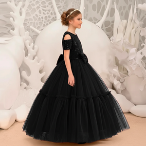Robe de soirée de luxe pour enfants, en velours à sequins, broderie florale, robe noire pour mariage, communion et événements formels d'anniversaire - Product Image 4