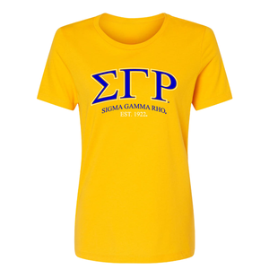 เสื้อยืด Sigma Gamma Rho Last Chance College Letter สีเหลือง เสื้อยืดลำลองสำหรับผู้หญิง ลายกราฟิกตัวอักษรภาษากรีก แขนสั้น - Product Image 1