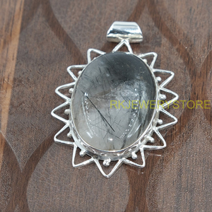 Colgante de Cuarzo Rutilado Negro Natural, Plata de Ley 925, Hecho a Mano, Diseño Ovalado con Forma de Rayos de Sol, Joyería de Cristal Curativo para Unisex - Product Image 3