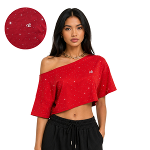 Chemise oversize glamour pour femme, personnalisable, ornée de strass, crop top, épaules dénudées, t-shirt en coton pour femme, asymétrique - Product Image 1