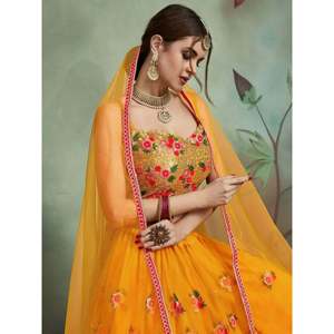 Yellow Thread Embroidered <b>Net</b> Haldi Wear Plus Size Lehenga Choli for Women - Product Image 4