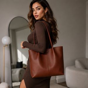 Bolso Tote de Cuero Genuino para Mujer, Estilo Casual Clásico Marrón, Gran Capacidad, Parte Superior Abierta, Dos Asas, Uso Diario - Product Image 4