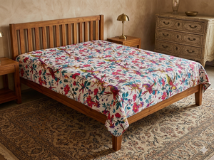 Couvre-lit imprimé floral et oiseaux, style bohème, moderne, toutes saisons, en denim patchwork, rembourrage en coton fait main, pour usage domestique - Product Image 3