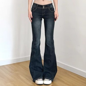 Blue Vintage Low Waist Skinny Denim <b>Jeans</b> Patchwork Woven Custom Logo Breathable Button for Wash - Product Image 5