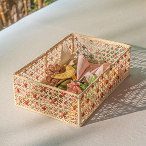Panier de rangement rectangulaire en osier naturel avec motif floral rose et rouge, décoration de salon, accessoires pour la maison - Product Image 6