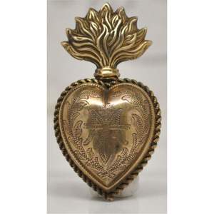 Arte de Pared Estilo Decorativo, Moderno, de Aluminio Dorado, con Sagrado Corazón, Placa Grabada con Monograma Mariano, Corazón Flameante, Arte Folclórico Mexicano - Product Image 1