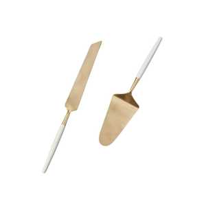 Ensemble moderne de spatule et couteau à gâteau blancs avec poignée dorée, en métal de qualité alimentaire, pour desserts et gâteaux d'anniversaire ou de mariage - Product Image 1