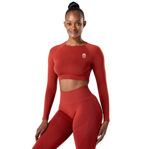 Top Corto Deportivo de Manga Larga sin Costuras para Mujer, Color Rojo Ladrillo, Alta Elasticidad, para Entrenamiento, Yoga, Ejercicio, Ropa Deportiva - Product Image 4