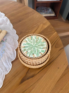 Top Selling Wholesale Handcrafted Rattan Mother of Pearl <b>Green</b> Floral Inlay Drink Coaster Set with Holder for Home Hotel Bar - Product Image 3