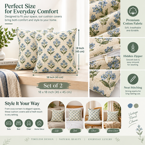 Fundas de Almohada de Poliéster con Estampado Antipolvo y Antiácaros, Estilo Vintage, 18x18 Pulgadas, Juego de 2, Venta al Por Mayor |   Decoración Floral Azul Verde para el Hogar - Product Image 4