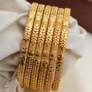 Graceful Floral <b>Engraved</b> Gold Plated Alloy <b>Bangle</b> Set with Traditional Ethnic Design for Women's Wedding Festival Party Jewelry - Product Image 1