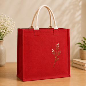 Red Jute Tote <b>Bag</b> With Embroidery Floral Design Hand Length Handle Shopping <b>Bag</b> <b>Medium</b> <b>Size</b> 40x15x35cm - Product Image 1