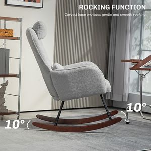 Sedia a dondolo grigio chiaro per cameretta con schienale alto e poggiatesta, sedia da allattamento con cuscino lombare per soggiorno e camera da letto - Product Image 4