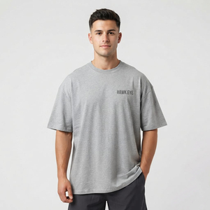 T-shirt en coton de haute qualité, surdimensionné, uni, à épaules tombantes, style streetwear pour hommes, respirant, gris - Product Image 2