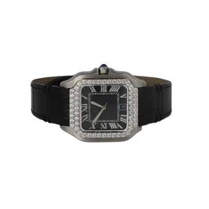 Reloj de Lujo con Diamantes Cuadrados para Hombre, Esfera Negra, Caja Plateada, Correa de Cuero, Números Romanos, Reloj de Diseño - Product Image 1