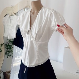 Blusa Blanca de Alta Calidad para Mujer, Cuello en V, Manga Abullonada, con Encaje, Elegante - Product Image 5