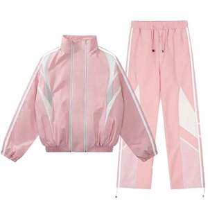 Women <b>Pink</b> <b>Tracksuit</b> Full Sleeve Zipper Closure Color Blocking Sporty Style Lightweight Polyester Material Loose Fit Spring Wear - Product Image 1