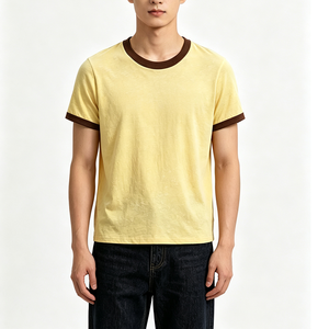 T-shirt Ringer pour Homme 100% Coton Biologique Texturé avec Bordure Contrastante Manches Courtes Respirant Rétro Vintage Décontracté - Product Image 1