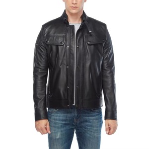 Blouson Moto Homme Noir en Cuir Véritable Coupe-Vent Écologique avec Fermeture Éclair, Col Montant et Manches Classiques – Vêtement d'Extérieur Hiver - Product Image 1
