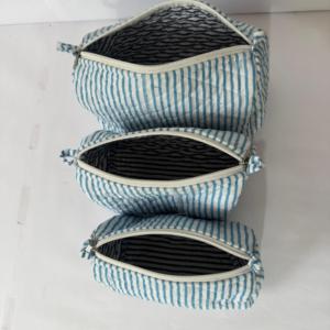 Ensemble de trousses de maquillage en coton matelassé à rayures bleues, sac cosmétique, organiseur de voyage, trousse de toilette, trousse à fermeture éclair - Product Image 4