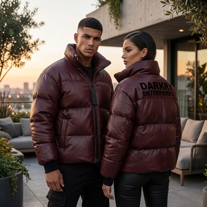 Custom Wholesale Mens Burgundy Real Leather Puffer Jacket Unisex Winter Warm <b>Bubble</b> <b>Coat</b> Manufacturer Padded Outerwear Apparel - Product Image 5