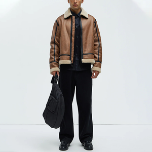 <b>Men's</b> Genuine Leather Bomber <b>Jacket</b> With Sherpa Lining Zipper Closure Winter Warm Moto Style Coat - Product Image 2