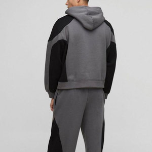 Ensemble de survêtement à capuche gris et noir pour homme, coupe droite, manches longues, style streetwear décontracté, 100 % coton élastique - Product Image 5