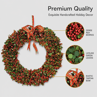 Couronne de Noël pré-éclairée à baies rouges, avec nœud en ruban écossais, en PVC, faite à la main, style nordique, à suspendre pour porte d'entrée