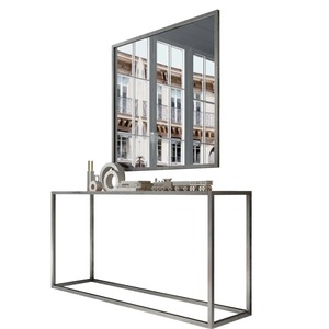 Mesa Consola Convertible Moderna de Estilo Industrial con Espejo, Diseño de Marco Abierto de Metal Plateado, Mueble Minimalista para Entrada u Hotel - Product Image 4