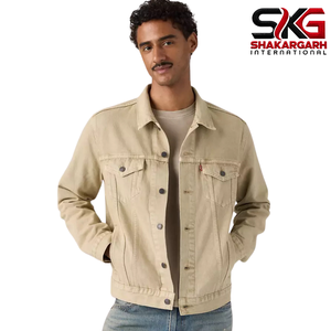 Veste en jean vintage pour homme, coupe classique, style camionneur, couleur beige unie, coupe régulière - Product Image 4