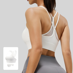Soutien-gorge de sport marron pour femme avec dos croisé et empiècements en mesh, maintien moyen, idéal pour le yoga et l'entraînement, design respirant sans coutures - Product Image 2