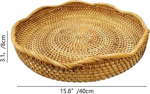 Handwoven Rattan Fruit Basket – 16” Round Shallow Wicker Serving Tray, Natural Decorative <b>Storage</b> Bowl for Kitchen Counter, - Product Image 3