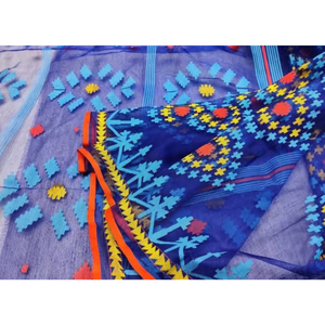 Sari traditionnel en coton Jamdani pour femmes, longueur au sol, style ethnique indien pakistanais, pour mariage, bleu avec motifs colorés - Product Image 1