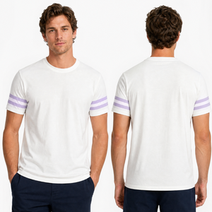 Camiseta Premium para Hombre con Rayas en las Mangas, Cuello Redondo, Blanca, Lavanda, Doble Raya, al por Mayor, Lisa, de Manga Corta, Casual - Product Image 4