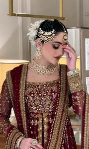 Elegant Lace Ruffles <b>Pearls</b> Crystal Beaded Chiffon Bridal Lehenga Scalloped Crop <b>Top</b> Long Sleeve A-Line Floor-Length Modern - Product Image 3