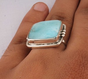 Natural Larimar Large Square <b>Ring</b> 925 Sterling <b>Silver</b> Jewelry Big Stone <b>Statement</b> <b>Ring</b> Caribbean Blue Gemstone <b>Ring</b> for Women - Product Image 3