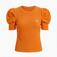 Chemise en tricot pour femme de couleur orange avec décoration en strass, manches bouffantes, col rond, haut décontracté pour le printemps et l'été, chemise pour femme