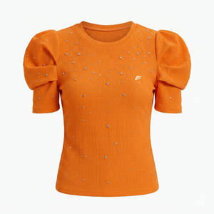 Blusa de punto color naranja para mujer con decoración de diamantes de imitación, manga abullonada, cuello redondo, top informal para primavera/verano, camisa para mujer - Product Image 4