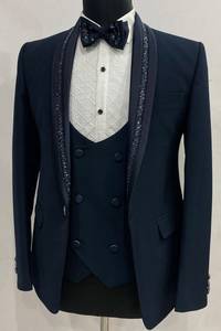Costume de smoking slim brodé à la main pour homme, idéal pour mariage et soirée, noir, 100 % coton, service OEM pour le marié - Product Image 4