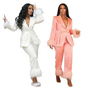 Women's Two Piece Short Collarless Satin Suit <b>Set</b> with Feather Trim Blazer Pants <b>Sexy</b> Club Wear Regular Fit Solid Color Summer - Product Image 5