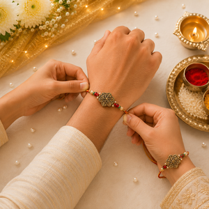 Ensemble Rakhi et Lumba de créateur pour Bhai Bhabhi, bracelet traditionnel Raksha Bandhan avec perles et emballage cadeau festif - Product Image 4