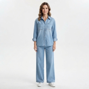 Women Light Blue Denim <b>Shirt</b> And Wide Leg Jeans Set Casual Two Piece Matching Denim Outfit Streetwear Fashion - Product Image 1