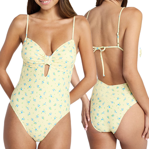 Women One Piece Swimsuit Print Plunge Neck High Waist Push Up Stretch Swimwear With Cut-Out - Product Image 5