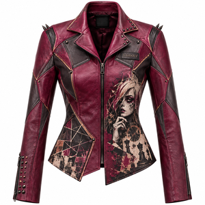 Burgundy <b>Black</b> <b>Women</b> Genuine Leather Biker Jacket Custom Chess Graphic Print Studded Revers Peak Lapel Outerwear Supplier - Product Image 1