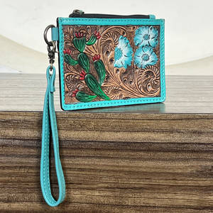 Flower Cactus Design Hand Tooled Genuine Leather Stylish Zipper Closure Cash Credit <b>Card</b> <b>Holder</b> For Women Wristlet <b>Wallet</b> - Product Image 3