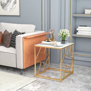 Tavolino Quadrato con Finitura Dorata e Piano in Vetro Temperato, Design Geometrico per Tavoli da Caffè - Product Image 2