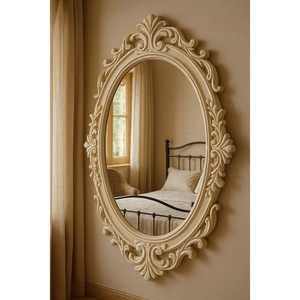 Oval Wall Mirror With Ornate Wood Frame Traditional Decorative Design For Bedroom Or Living Room - Product Image 2