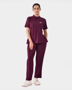 Burgundy Wine Medical Scrub Set <b>Women</b> <b>Short</b> Sleeve Mandarin Collar Scrub Top with Pockets and Matching <b>Trousers</b> Uniform - Product Image 1